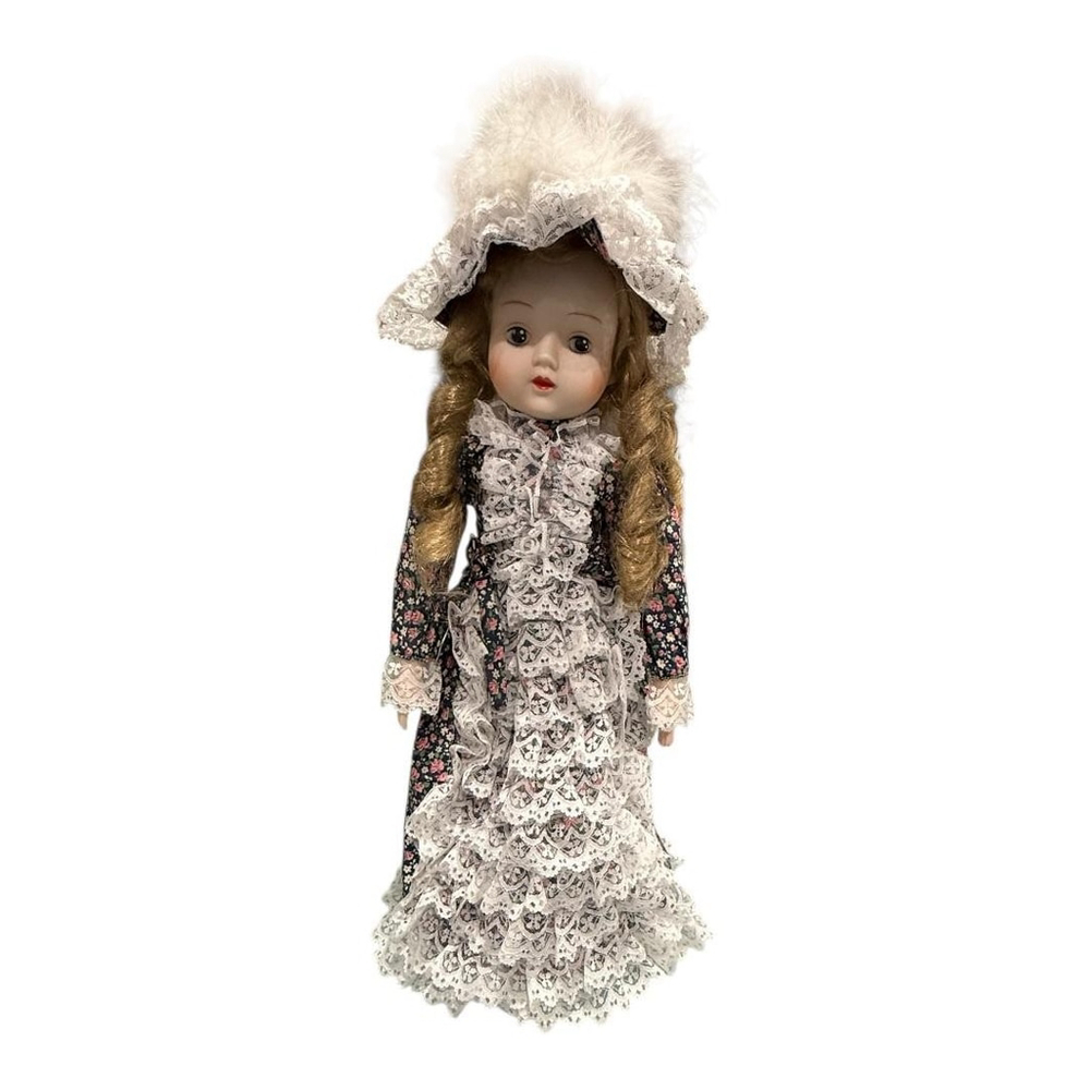 Vintage Victorian Style Porcelain Girl Doll Floral Lace Dress Bonnet Collectible
